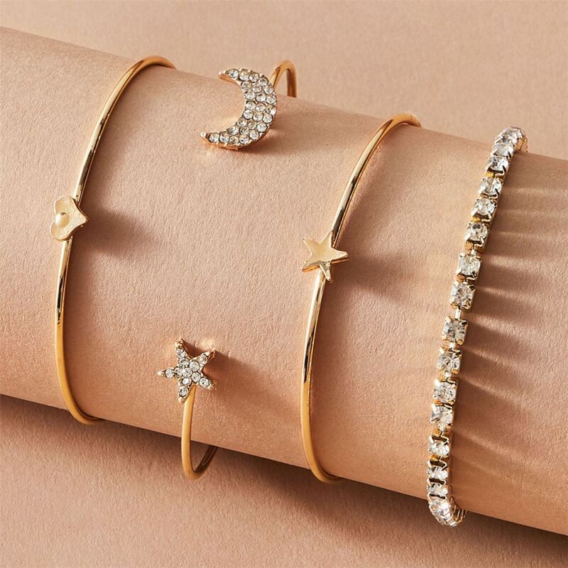 

4pcs Rhinestone Moon Cuff Bracelet, Gold