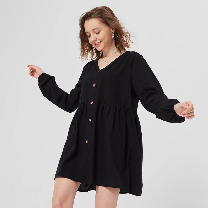 

Lantern Sleeve Button Front Smock Dress, Black