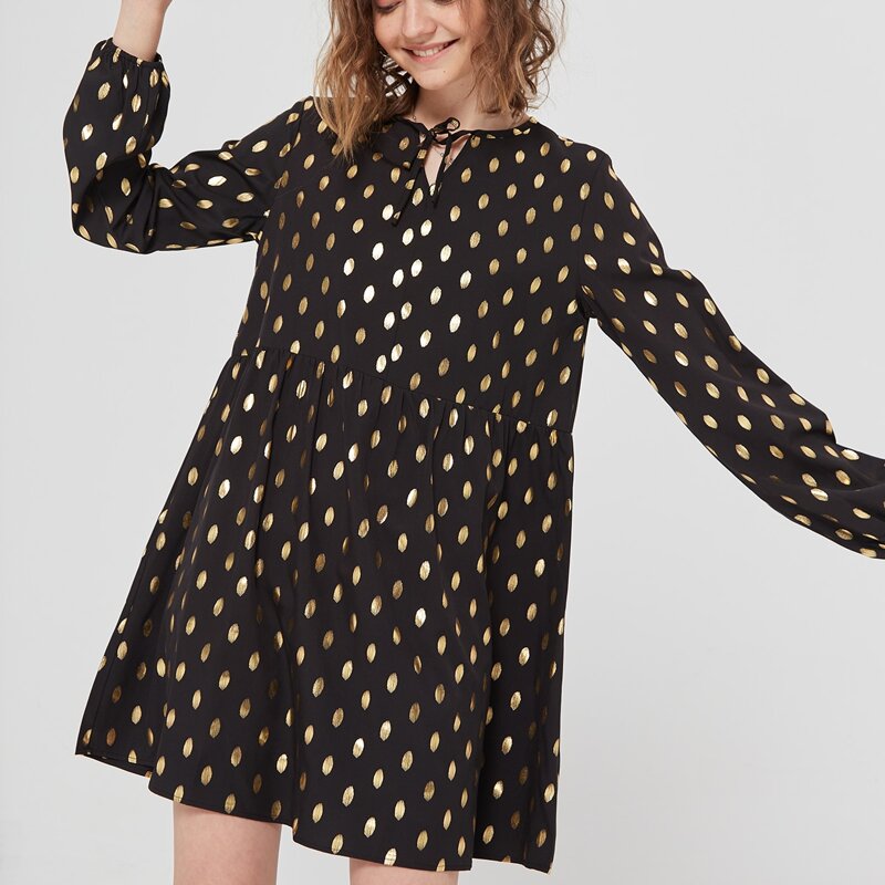 

Gold Dot Tie Neck Smock Dress, Black
