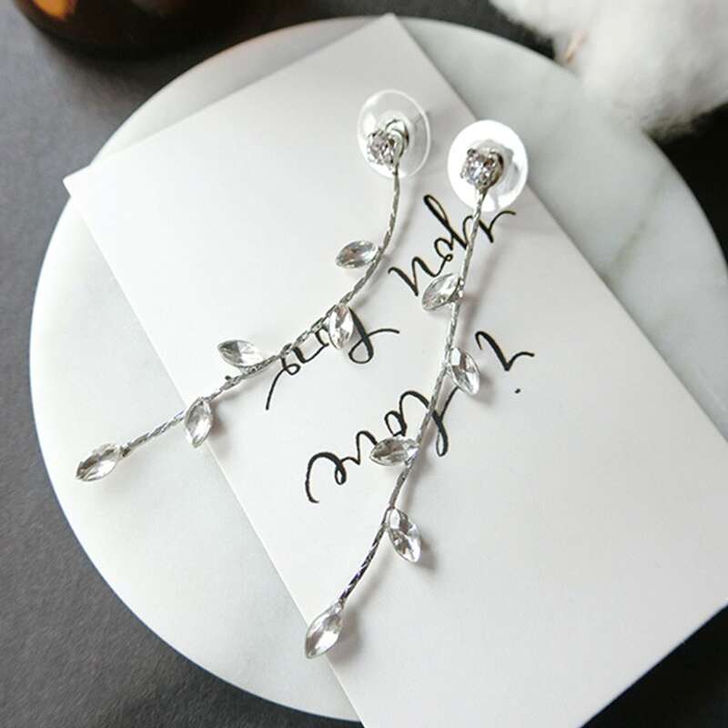 

Rhinestone Leaf Drop Earrings, Silver