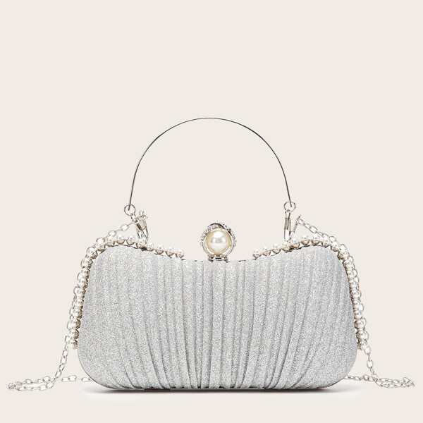 

Glitter Faux Pearl Decor Clutch Bag, Silver