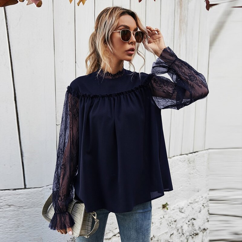 

Contrast Lace Flounce Sleeve Frill Trim Blouse, Navy blue