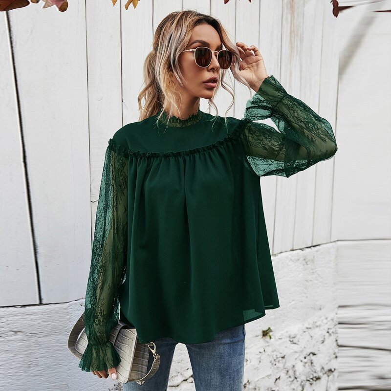 

Contrast Lace Flounce Sleeve Frill Trim Blouse, Dark green