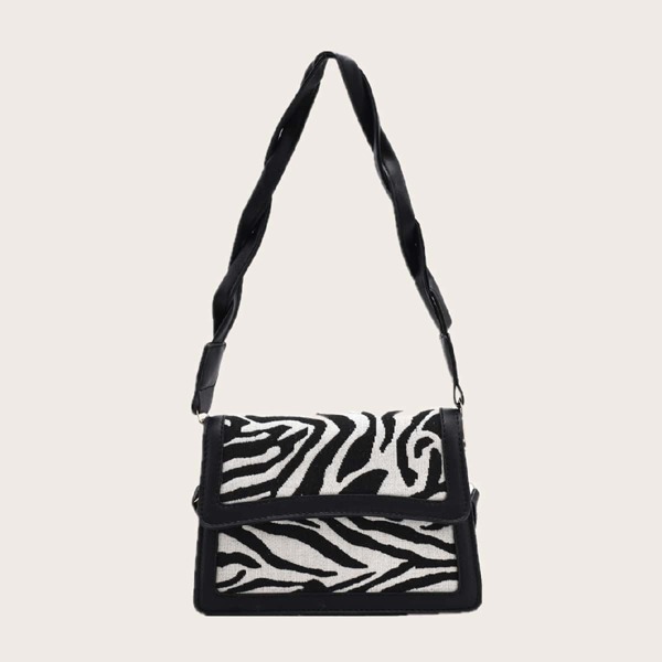 

Zebra Print Flap Shoulder Bag, Black and white