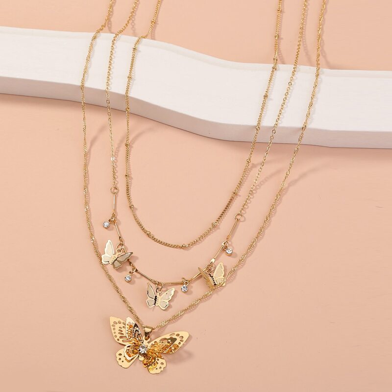 

3pcs Butterfly Charm Necklace, Gold