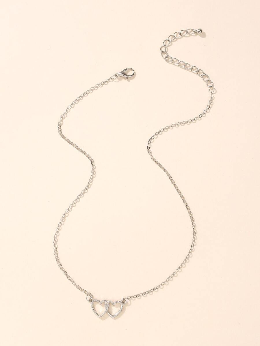 雙心形吊墜項鍊 - 銀色 - 查看 1