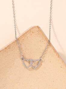雙心形吊墜項鍊 - 銀色 - 查看 2