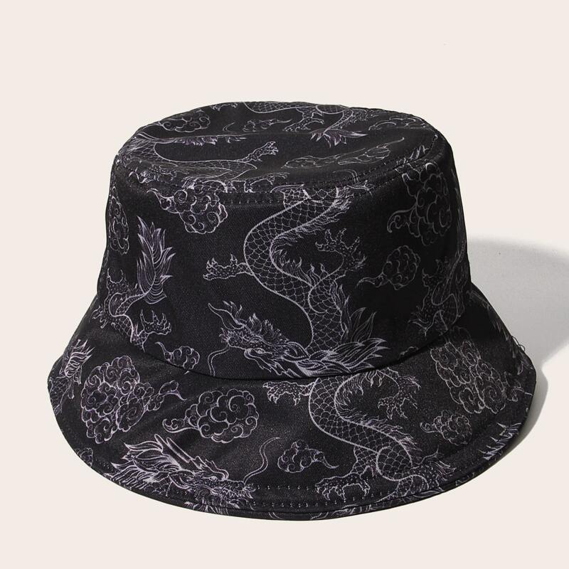 

Chinese Dragon Pattern Bucket Hat, Black