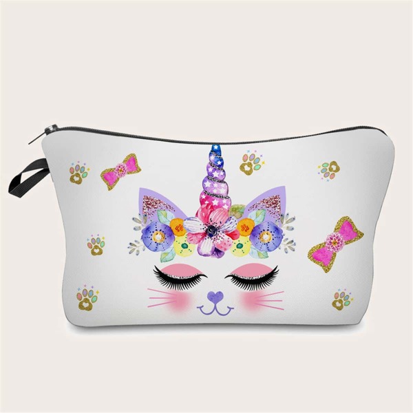 

Cartoon Unicorn & Flower Print Makeup Bag, Multicolor