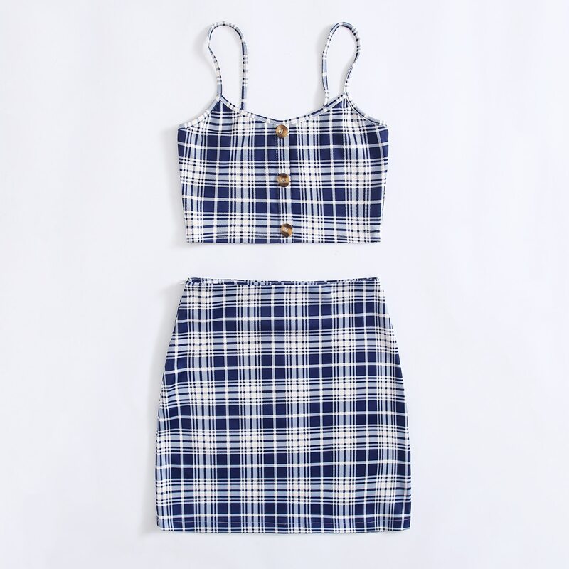 

Plaid Button Front Cami & Skirt, Multicolor