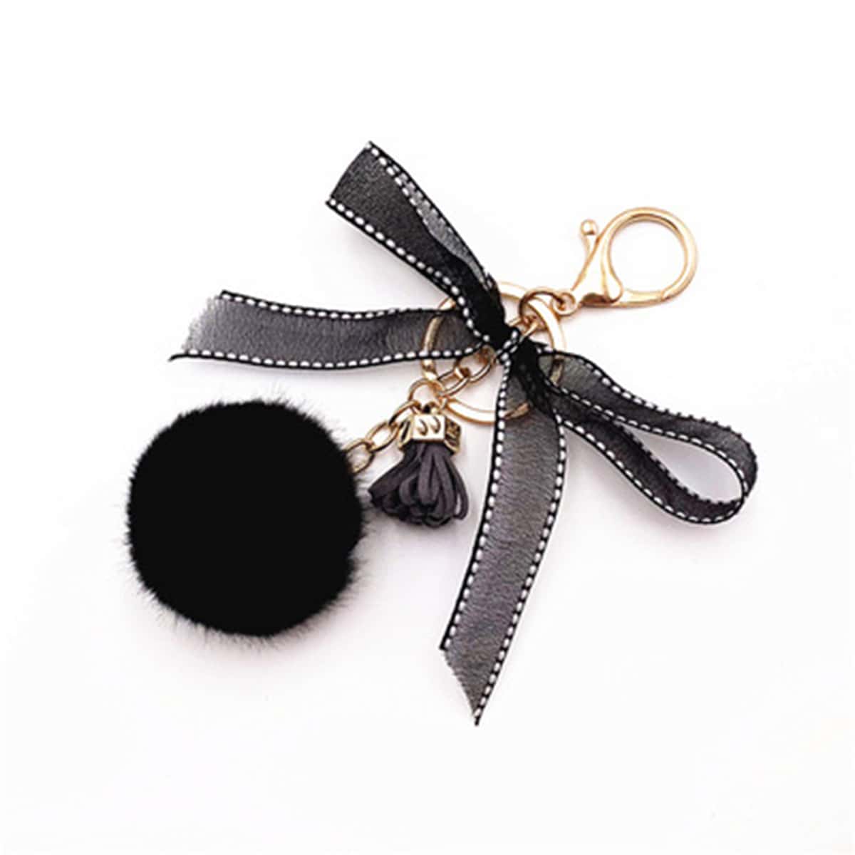 

Pom Pom & Bow Decor Keychain, Black