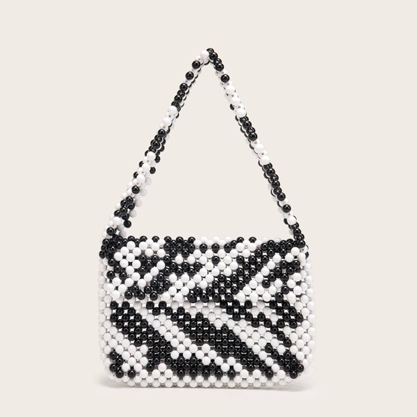 

Two Tone Beaded Shoulder Bag, Black and white