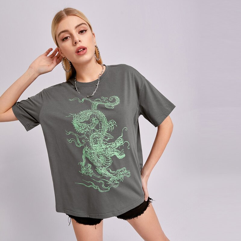 

Chinese Dragon Graphic Oversized Tee, Grey