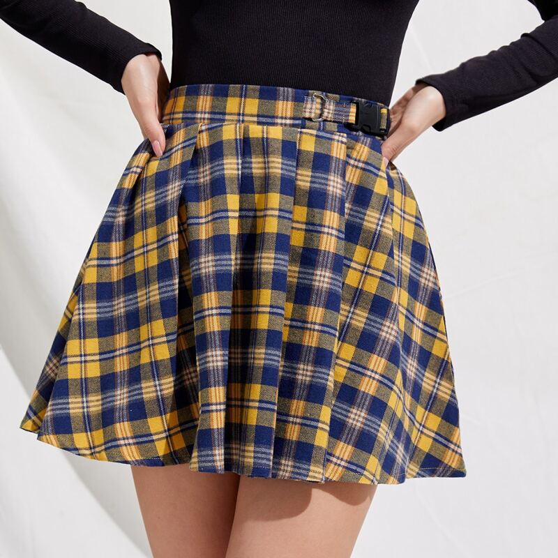 

Plaid Buckle Flared Skirt, Multicolor