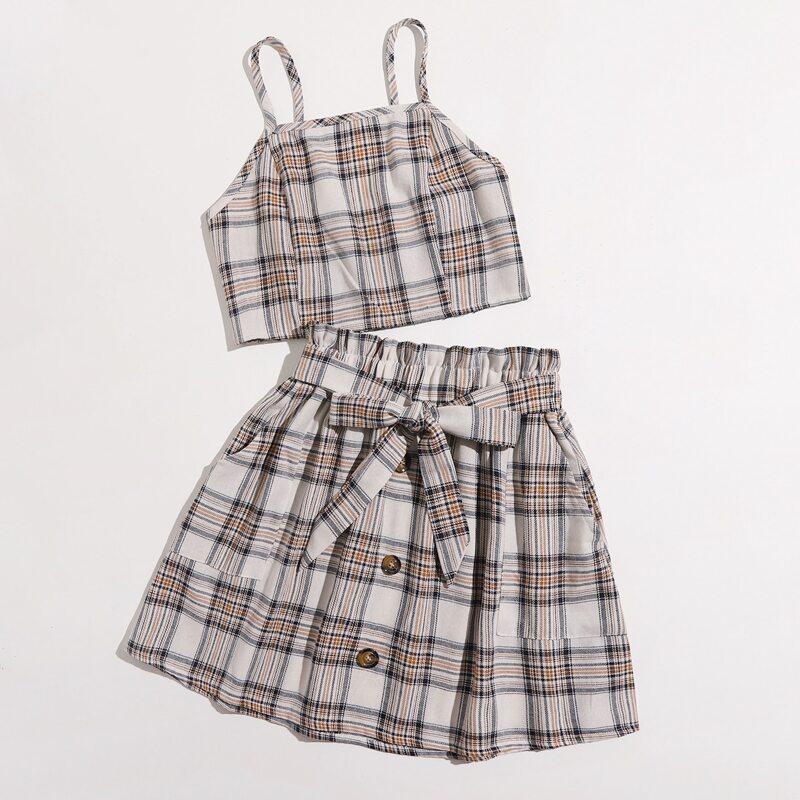 

Plaid Shirred Cami & Button Front Skirt, Multicolor