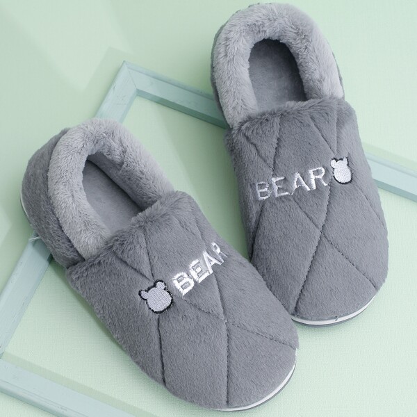 

Men Letter Embroidered Fluffy Slippers, Grey