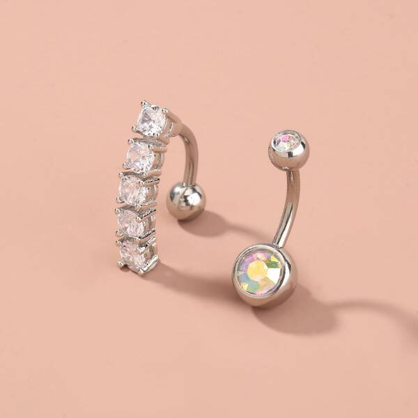 

2pcs Rhinestone Decor Belly Stud, Silver