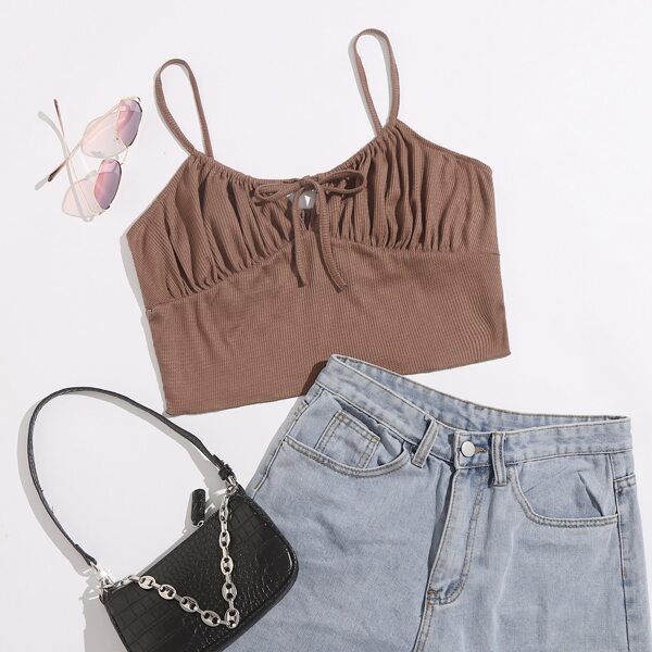 

Plus Solid Ruched Bust Drawstring Cami Top, Mocha brown
