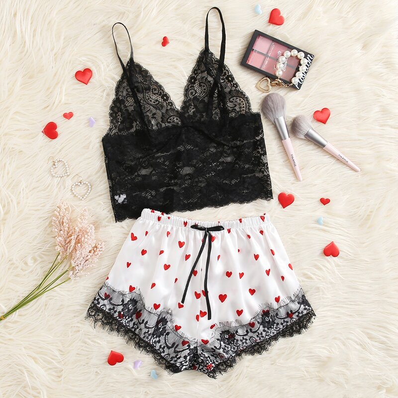 

Floral Lace Bralette & Heart Print Shorts, Multicolor
