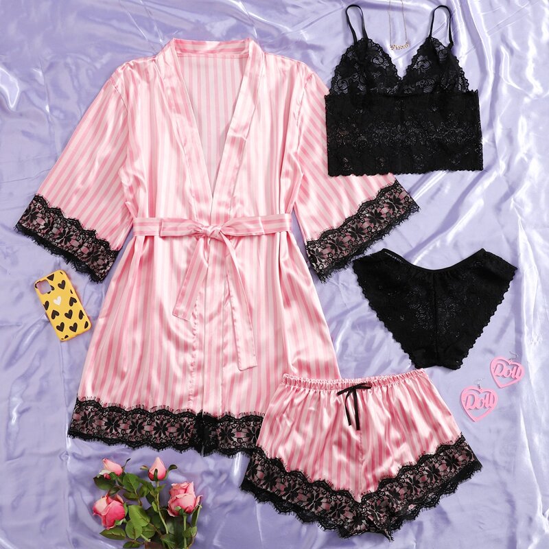 

4pack Lace Lingerie Set & Satin Shorts & Robe, Pink