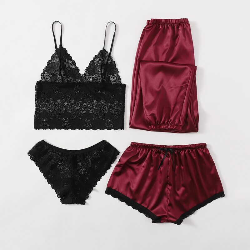 

Floral Lace Lingerie Set & Satin Shorts & Pants, Multicolor