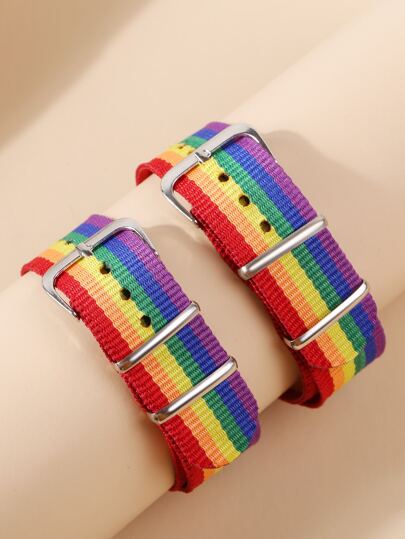2pcs LGBT Rainbow Striped Pattern Belt Bracelet