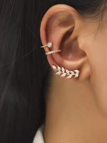 3 chiếc Bông tai kẹp hình chiếc lá mới đến thời trang Thiết kế đơn giản Micro dát kim cương giả & đá Cubic Zirconia dành cho phụ nữ, hoàn hảo cho bữa tiệc, tiệc và đeo hàng ngày - Vàng - Xem 1