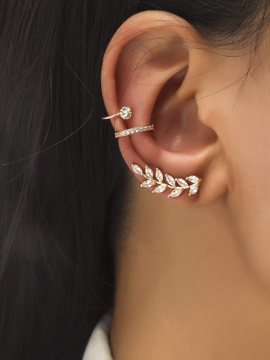 3 chiếc Bông tai kẹp hình chiếc lá mới đến thời trang Thiết kế đơn giản Micro dát kim cương giả & đá Cubic Zirconia dành cho phụ nữ, hoàn hảo cho bữa tiệc, tiệc và đeo hàng ngày - Vàng - Xem 1