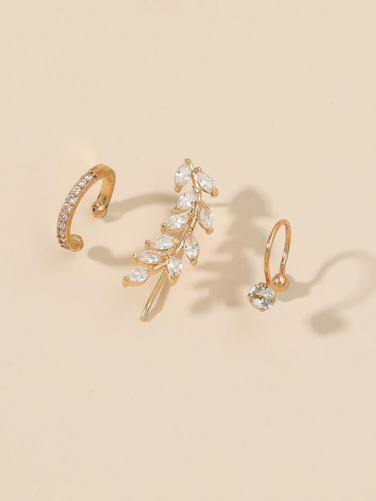 3pcs New Arrival Fashionable Simple Design Micro Inlaid Rhinestone & Cubic Zirconia Leaf-shaped Clip Earrings For Women, Perfect For Party, Banquet And Daily Wearing