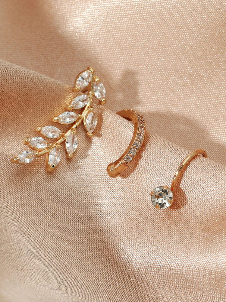 3pcs New Arrival Fashionable Simple Design Micro Inlaid Rhinestone & Cubic Zirconia Leaf-shaped Clip Earrings For Women, Perfect For Party, Banquet And Daily Wearing