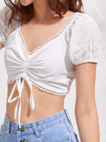 Áo sơ mi nữ Tương phản ren Dây kéo Dải chun Tranh thêu màu trơn Gợi cảm - trắng - Xem 3