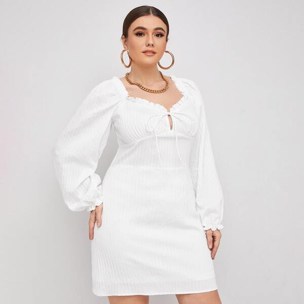 

Plus Frill Trim Tie Front Lantern Sleeve Dress, White
