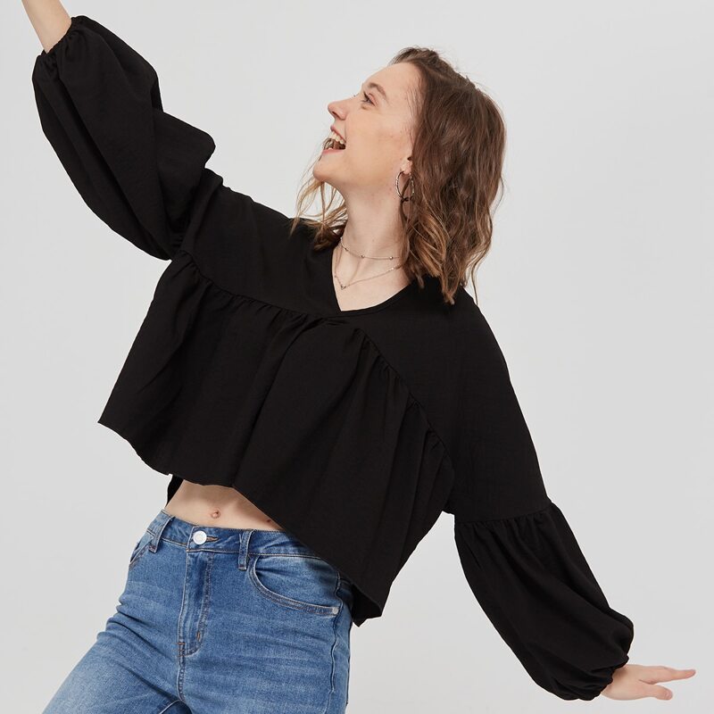 

Lantern Sleeve Smock Top, Black