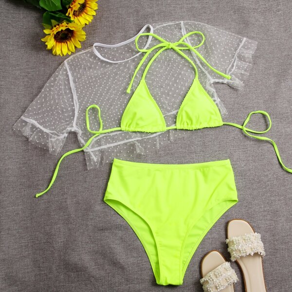 

3pack Neon Lime Bikini Swimsuit & Dobby Mesh Top, Green neon
