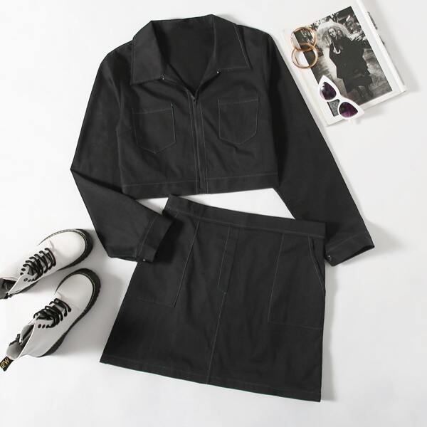 

Plus Zip Up Pocket Front Jacket & Skirt Set, Black