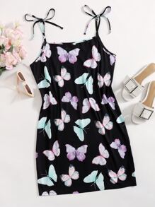 SHEIN Qutie Plus Allover Butterfly Print Knot Shoulder Cami Dress - Multicolor - View 1