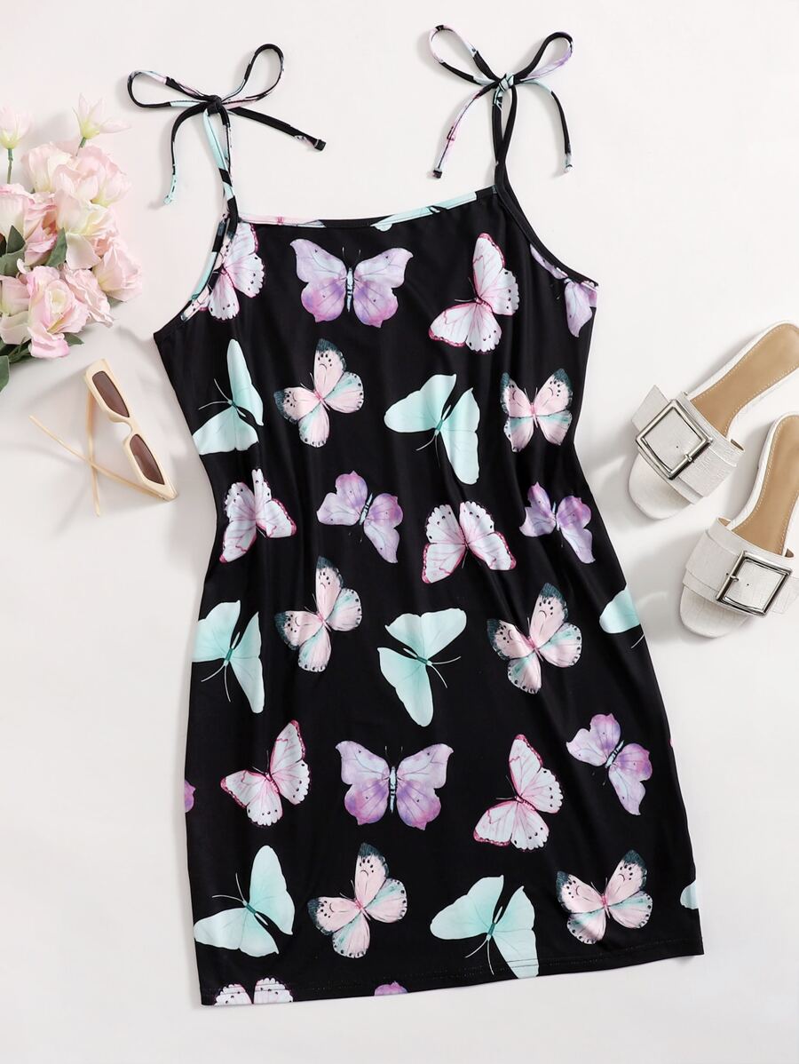 SHEIN Qutie Plus Allover Butterfly Print Knot Shoulder Cami Dress - Multicolor - View 1