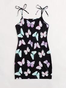 SHEIN Qutie Plus Allover Butterfly Print Knot Shoulder Cami Dress - Multicolor - View 5