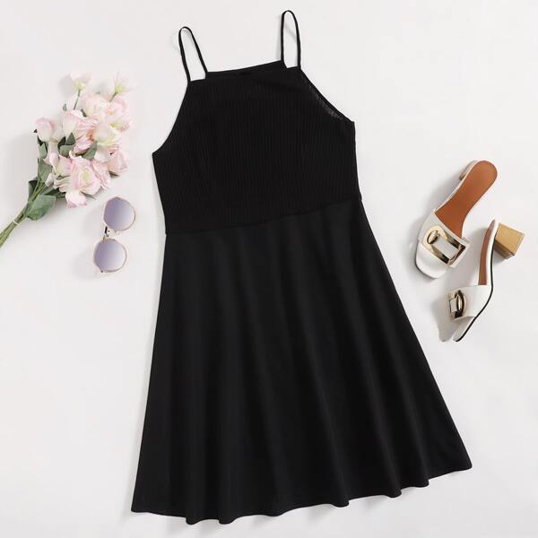 

Plus Rib-knit Swing Cami Dress, Black