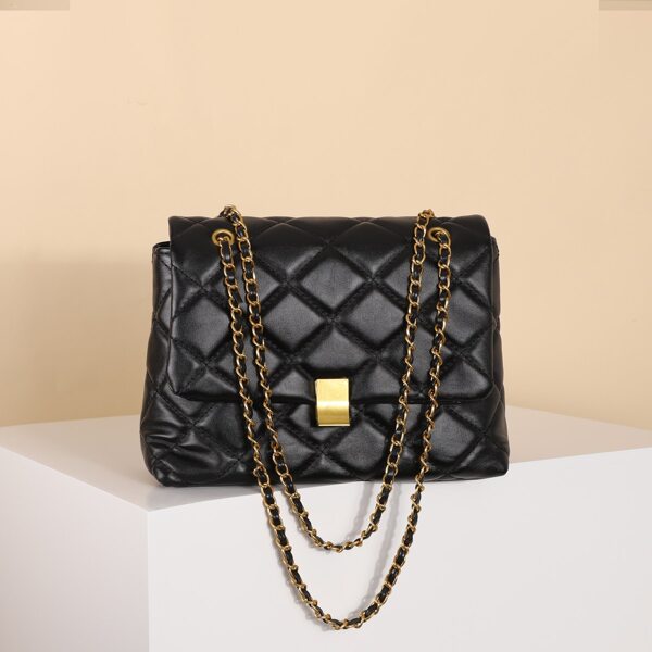 

Quilted Chain Flap Shoulder Bag, Black