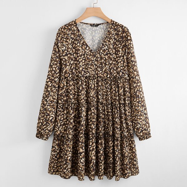 

Plus Allover Print Ruffle Hem Dress, Multicolor