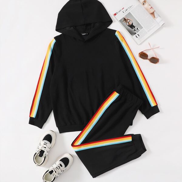 

Plus Rainbow Stripe Tape Hoodie & Sweatpants, Black