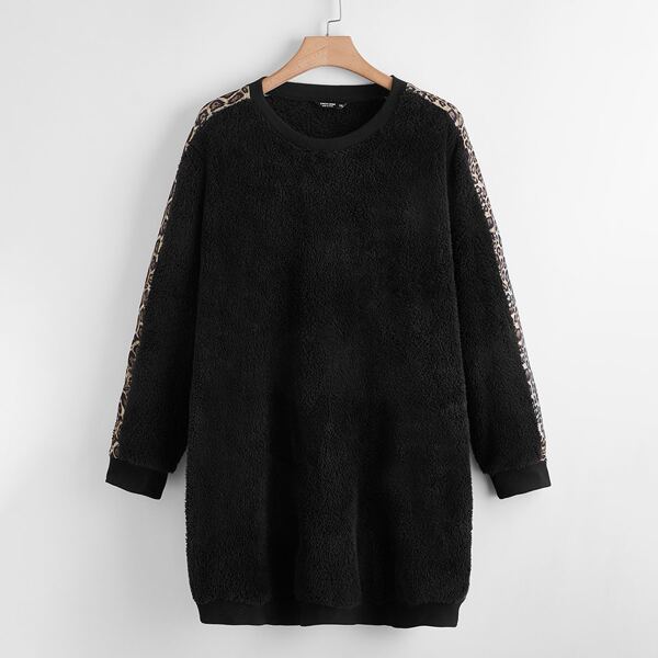 

Plus Flannel Leopard Print Sweatshirt Dress, Black