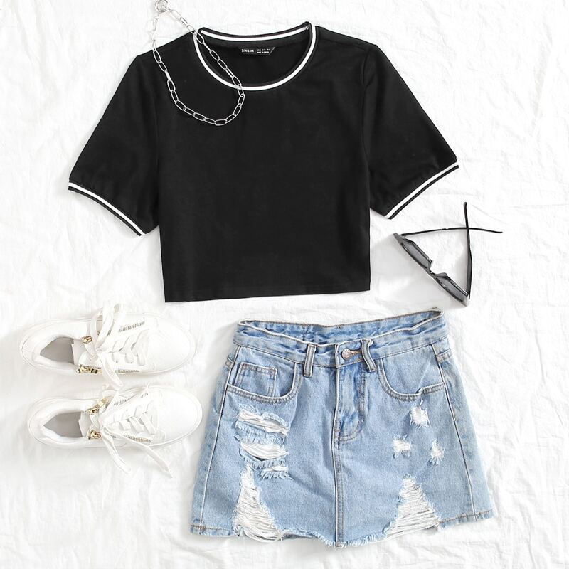 

Contrast Binding Crop Tee, Black