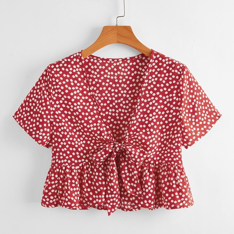 

Ditsy Flower Tie Front Crop Top, Red