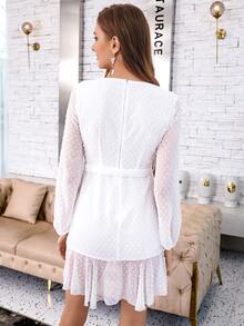 圍裹腰帶布點連衣裙 - 白色 - 查看 2