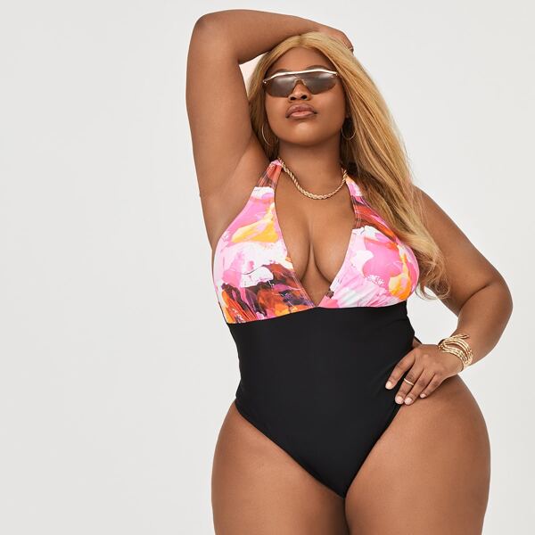 

Plus Floral Halter One Piece Swimsuit, Multicolor