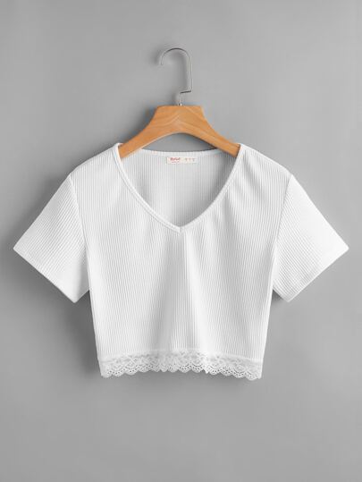 Contrast Lace Ribbed Crop Tee