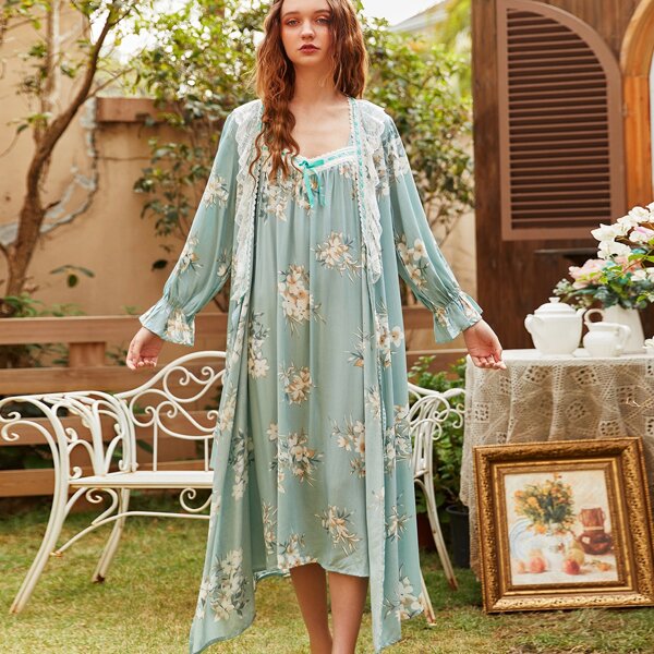 

2pcs Floral Print Lace Trimed Bow Pajama Set, Mint green