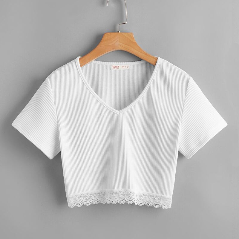 

Contrast Lace Ribbed Crop Tee, White